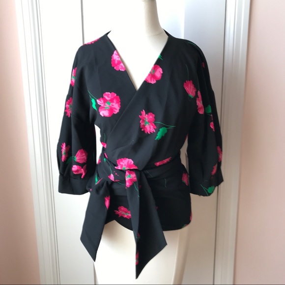 Zara Tops - NWT Zara Pink & Black Floral Wrap Top